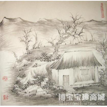 谢大取 草屋有客远方来 类别: 国画山水作品